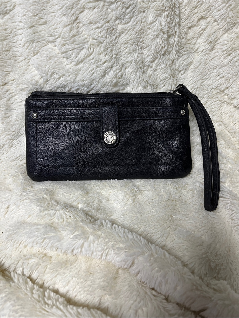 Black Leather Wristlet Wallet with Front Snap Pocket